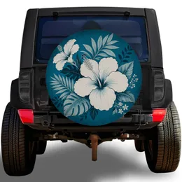 White Hibiscus Tropical Teal Floral For Beach RV Travel And Island Style Enthusiasts Spare Tire Cover