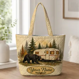 Black Bear Vintage Camper Forest Scene for Autumn Camping and Outdoor Adventure Lovers Quilted Tote Bag