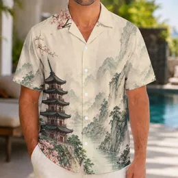 Ink Wash Pagoda Mountain River Cherry Blossoms For Resort Travel And Beach Getaways Hawaiian Shirt