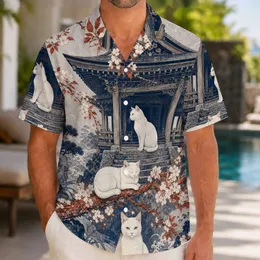Moonlit Temple Cats And Cherry Blossoms For Summer Resort Vacation Style For Men Hawaiian Shirt