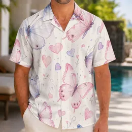Watercolor Butterflies And Pink Hearts For Romantic Beach Vacations And Resort Wear Hawaiian Shirt
