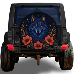 Mystic Blue Wolf With Orange Wildflowers For SUV Camping And Outdoor Road Adventures Spare Tire Cover