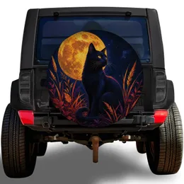 Black Cat Harvest Moon Night Scene for Autumn Road Trips and Gothic Cat Enthusiasts Spare Tire Cover