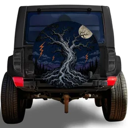 Moonlit Ancient Oak Tree With Lightning For Off Road Adventure Vehicle Enthusiasts Spare Tire Cover
