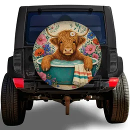Highland Cow In Teal Bathtub With Wildflowers For Cheerful RV Spa Day Travel Decor Spare Tire Cover