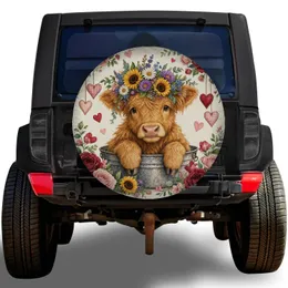 Highland Calf With Sunflowers And Floral Hearts For Valentine RV Camping Lovers Gift Spare Tire Cover