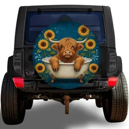 Highland Cow In Clawfoot Tub With Sunflowers For Cheerful Cottage RV Adventures Spare Tire Cover