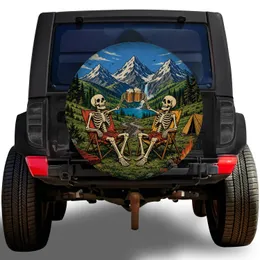 Cheerful Skeleton Campfire Beer Toast Mountain Scene For RV Camping Adventures Gift Spare Tire Cover