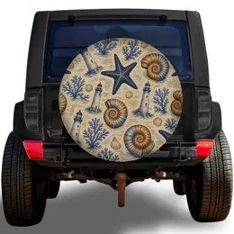 Vintage Nautical Sea Stars Shells And Lighthouses For Coastal Road Trips RV Travelers Spare Tire Cover