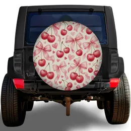 Watercolor Pink Cherries Hearts And Bows For Romantic RV Travel And Cute Camper Style Spare Tire Cover