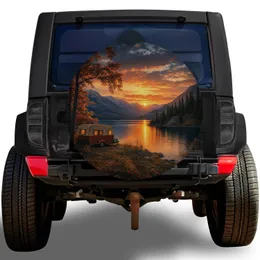 Vintage Camper Beside Mountain Lake Sunset For RV Camping And Outdoor Travel Spare Tire Cover