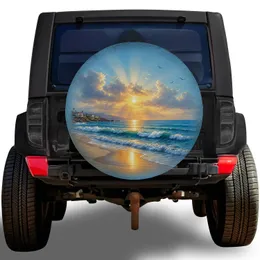 Golden Ocean Beach Sunset With Rolling Waves For Coastal Road Trip Adventure Lovers Spare Tire Cover