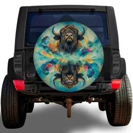Mirrored Watercolor American Bison Heads for Jeep SUV RV Outdoor Adventure Lovers Spare Tire Cover