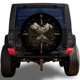 Vintage Compass Mountain Lake Emblem For Overland Camping And Adventure Travel Road Trips Spare Tire Cover