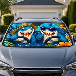 Cartoon Shark Brothers Driving Tropical Vacation Style For Summer Road Trip Car Lovers Car Sunshade
