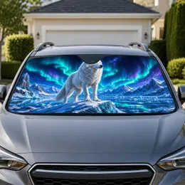 Arctic White Wolf Under Aurora Northern Lights Winter Road Trip Gift for Nature Lovers Car Sunshade