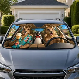 Cheerful Kangaroos And Penguin Tropical Road Trip Vibes For Animal Loving Drivers Car Sunshade