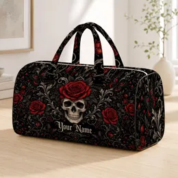 Gothic Skull And Crimson Roses For Travel, Overnight Escapes And Dark Floral Fans Quilted Weekend Bag
