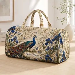 Blue Peacock And Iris Florals For Elegant Getaways, Overnight Travel And Gift Giving Quilted Weekend Bag