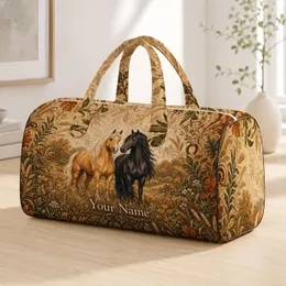 Golden And Black Horses Autumn Meadow Style Getaway For Equestrian Lovers With Name Quilted Weekend Bag