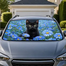 Realistic Black Kitten Among Blue Daisies For Cat Lovers Summer Travel Adventures Car Sunshade