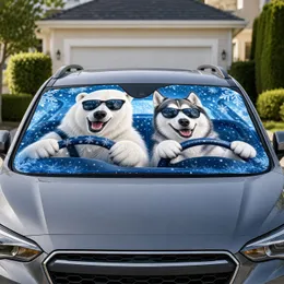 Polar Bear And Husky In Sunglasses Winter Driving Scene For Cool Seasonal Road Trips Car Sunshade