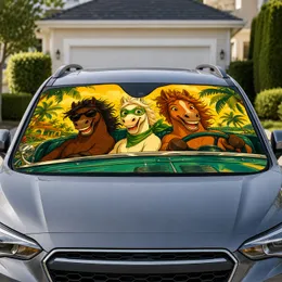Funny Cartoon Horses Driving A Vintage Roadster For Tropical Road Trip Horse Lovers Car Sunshade