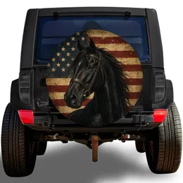 Black Horse American Flag Vintage Western Patriotic RV Travel Gift For Equestrians Spare Tire Cover