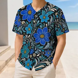 Blue Teal Folk Floral Button Up for Game Days, Festivals, Vacations and Nightlife Baseball Jersey