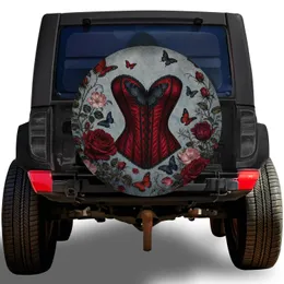 Gothic Crimson Corset Roses And Butterflies For Romantic Road Trips And Camper Style Spare Tire Cover
