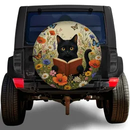 Black Cat Reading Book In Wildflower Meadow For Nature Loving Campers And Travelers Spare Tire Cover