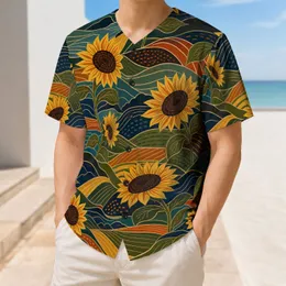 Retro Sunflower Landscape Button Front Top For Outdoor Festivals And Casual Everyday Wear Baseball Jersey