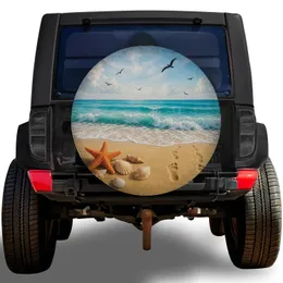 Beach Ocean Waves Starfish Shells And Footprints Coastal Travel Adventure For RV Campers Spare Tire Cover