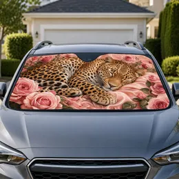 Sleeping Leopard With Pink Roses Romantic Floral Decor for Women Who Love Big Cats Car Sunshade