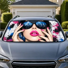 Glamorous Pink Nails And City Skyline Sunglasses For Chic Urban Style Enthusiasts Car Sunshade