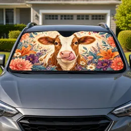 Brown White Cow Floral Meadow Decor for Cheerful Daily Driving and Animal Lovers Car Sunshade