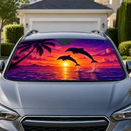 Dolphin Sunset Palm Tree Tropical Ocean Scene For Beach Lovers And Summer Road Trips Car Sunshade