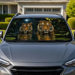 Twin Bengal Tigers In Moonlit Jungle River For Wildlife Lovers And Adventurous Road Trips Car Sunshade