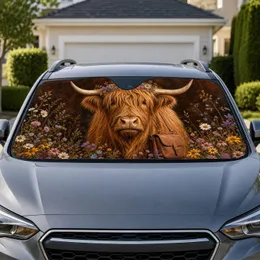 Highland Cow With Flower Crown Boho Meadow Decor for Rustic Farmhouse Animal Lovers Car Sunshade