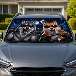 Wolf and Fox Night Drive Moonlit Road Trip Gift for Adventure Loving Animal Drivers Car Sunshade