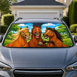 Happy Chestnut Horses in Green Meadow Scene for Equestrian Fans and Road Trip Gifts Car Sunshade