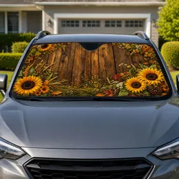 Rustic Sunflower And Autumn Wildflower Wood Decor For Cozy Fall Road Trip Lovers Car Sunshade