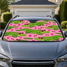 Green Alligators In Pink Heart Glasses Valentine Gift For Retro Car Accessory Lovers Car Sunshade