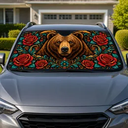 Grizzly Bear And Scarlet Roses Boho Decor for Nature Loving Drivers and Road Trips Car Sunshade