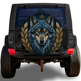 Amber Eyed Blue Wolf And Gold Laurels For Rugged Off Road Trail Adventure Lovers Spare Tire Cover