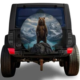 Upright Grizzly Bear Mountain Lake Scene For Overland Adventure And Wildlife Fans Spare Tire Cover