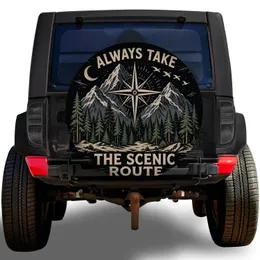 Vintage Compass Mountain Forest Scenic Route Adventure Camping Overland Road Trip Travelers Spare Tire Cover