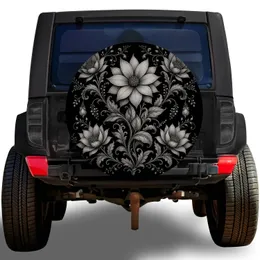 Monochrome Silver Botanical Floral Ornament For Boho RV Camping And Road Trip Style Spare Tire Cover