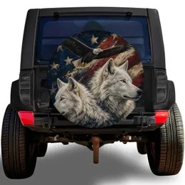 Patriotic White Wolves Bald Eagle American Flag For Jeep RV Road Trip Outdoor Adventure Spare Tire Cover