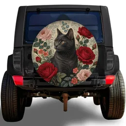 Charcoal Gray Cat With Red Roses for Garden Lovers Vintage Botanical Style Spare Tire Cover